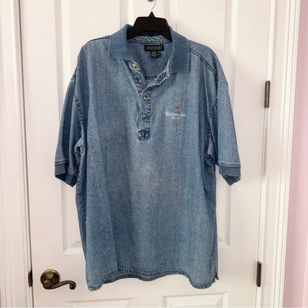 Am A Player Rainbows End Golf Club blue denim cotton polo short sleeve shirt XL